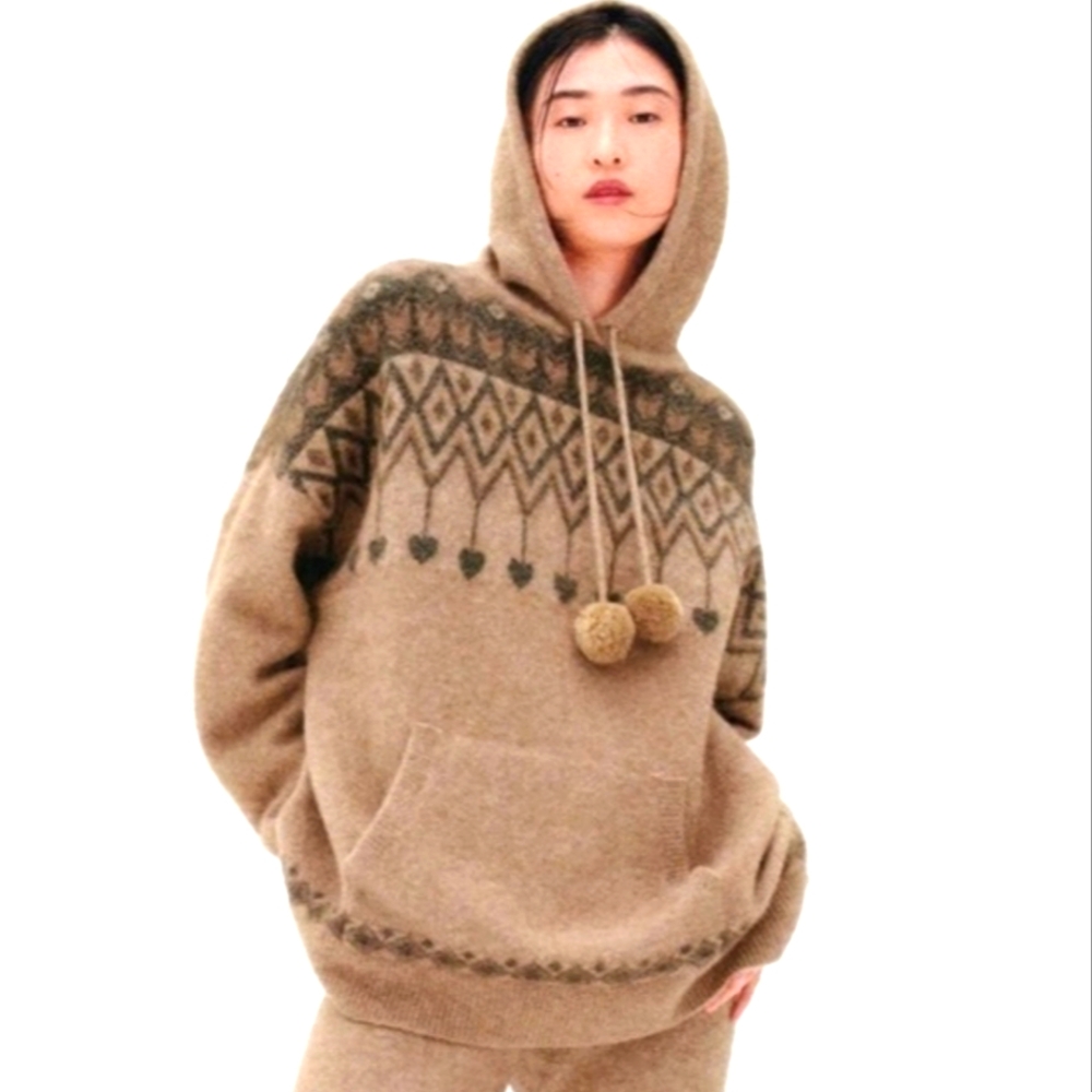 Zara Tan Wool Blend Oversized Hoodie Pullover Sweater Pocket Pom Pom Siz…